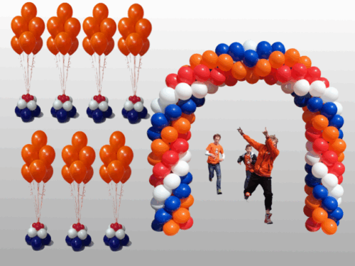een ballonnenboog en 7 helium grondboeketten in Hollandse kleuren